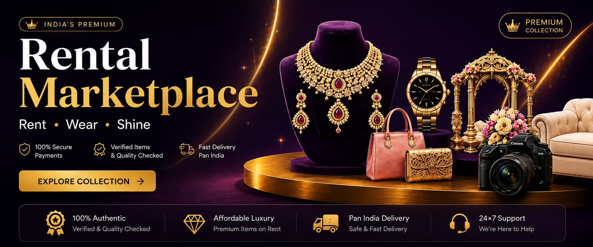 RentZora rental marketplace — rent, wear, shine. 100% authentic, verified items.