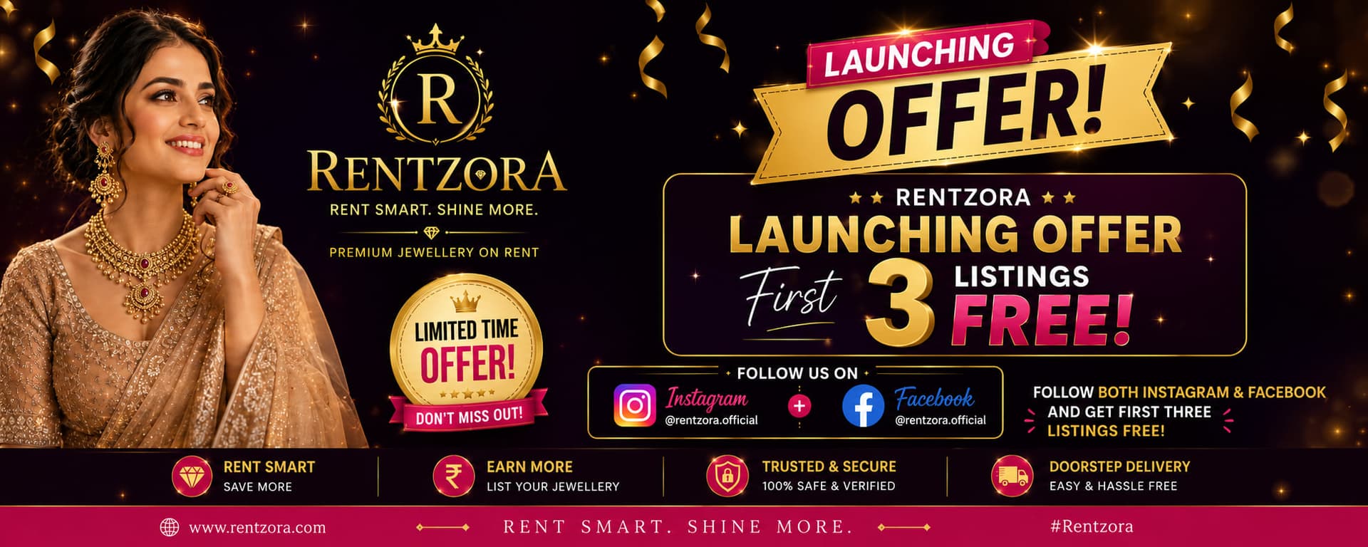 RentZora launching offer — first 3 listings free. Follow @rentzora.official on both Instagram and Facebook to claim it.