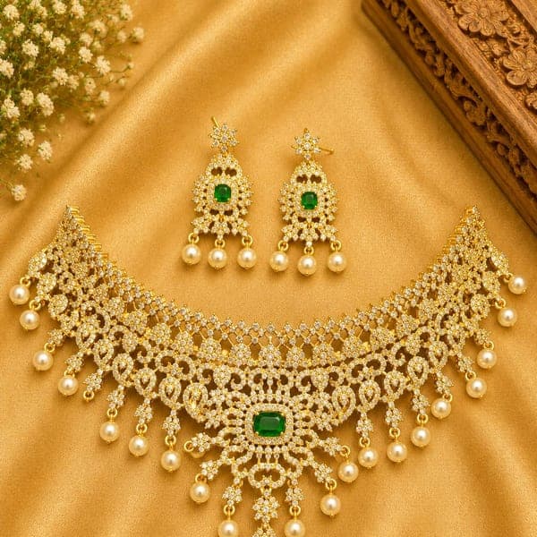 CZ bridal choker with pearl drops