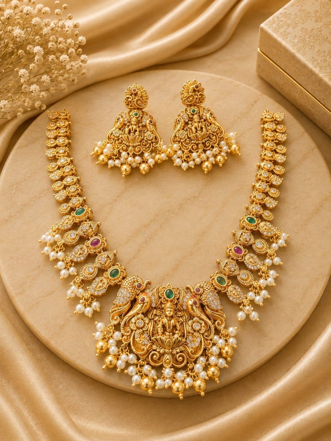 Lakshmi temple necklace with pearl drops and jhumkas