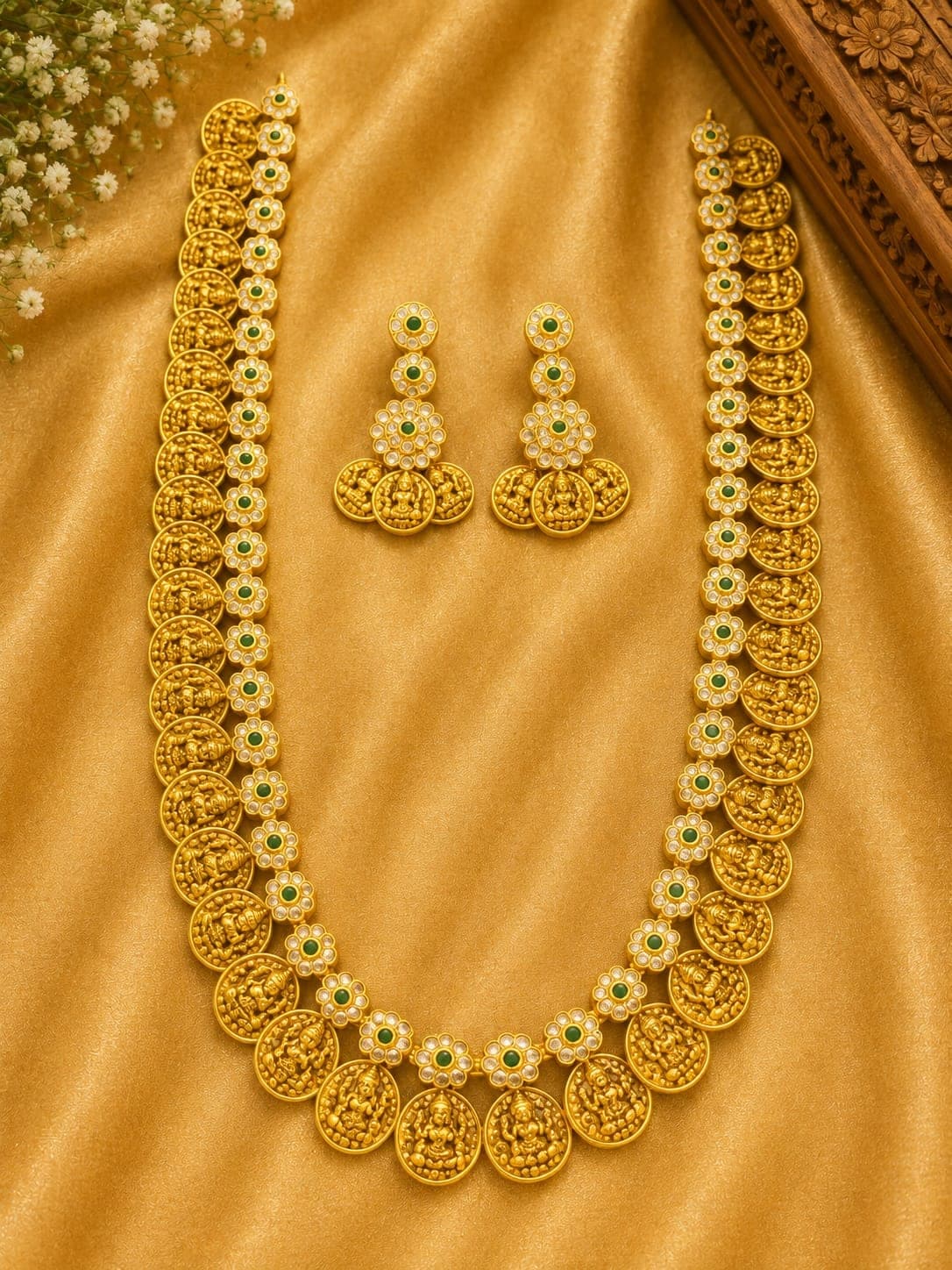 Long gold Lakshmi coin haram with jhumkas