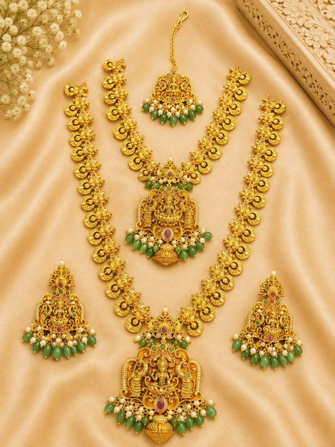 Mango motif short necklace and long haram with jhumkas and tikka