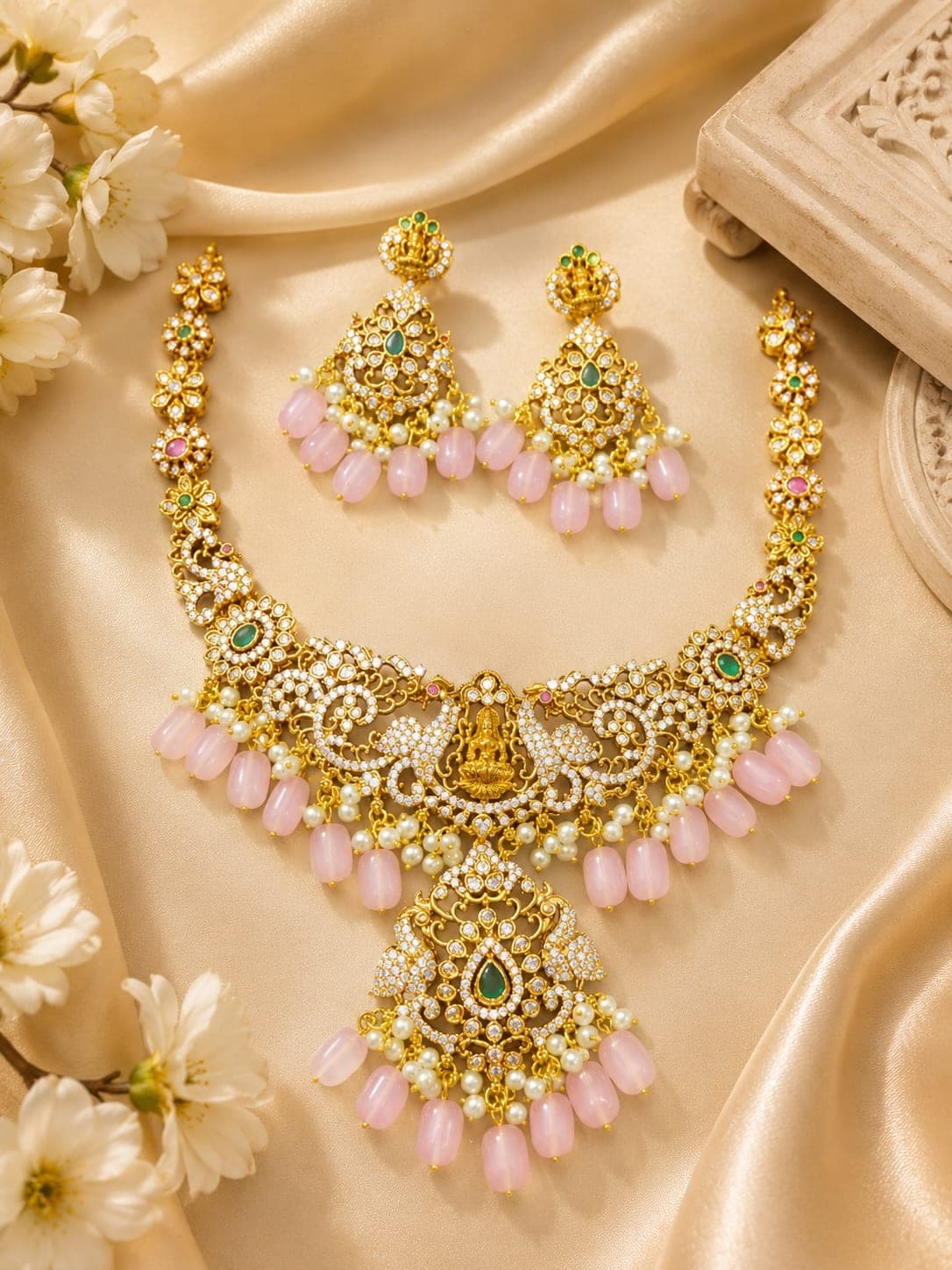 Lakshmi necklace with rose pink bead drops