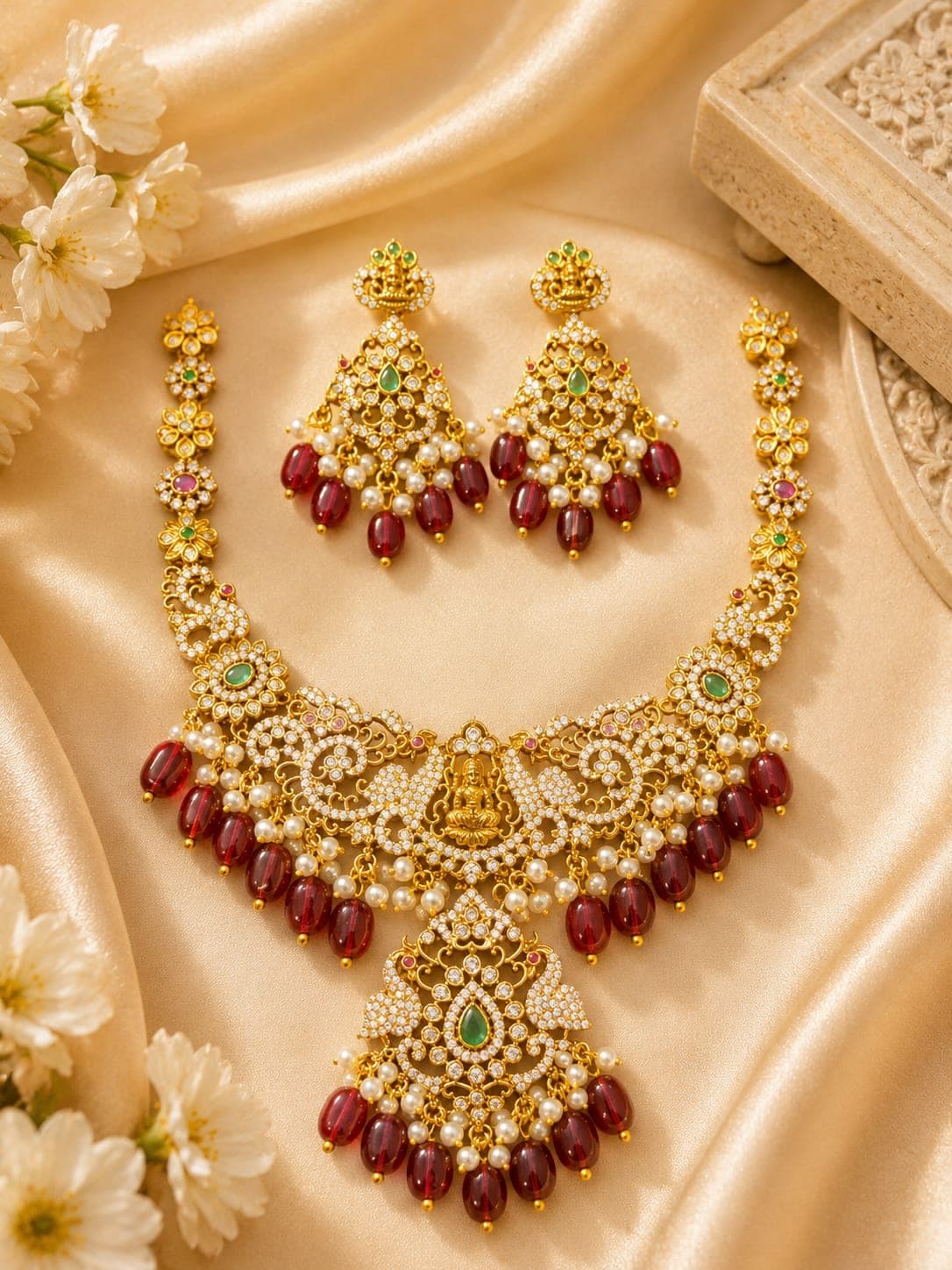 Lakshmi temple necklace with ruby bead drops